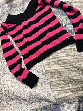 Off-the-Shoulder Black and Hot Pink Stripe Sweater